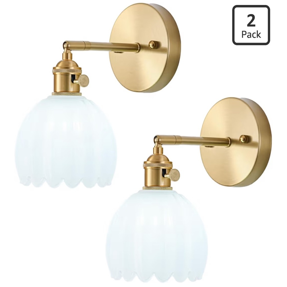 Modern Brass Wall Sconces with White Scalloped Glass Shades (Set of 2)